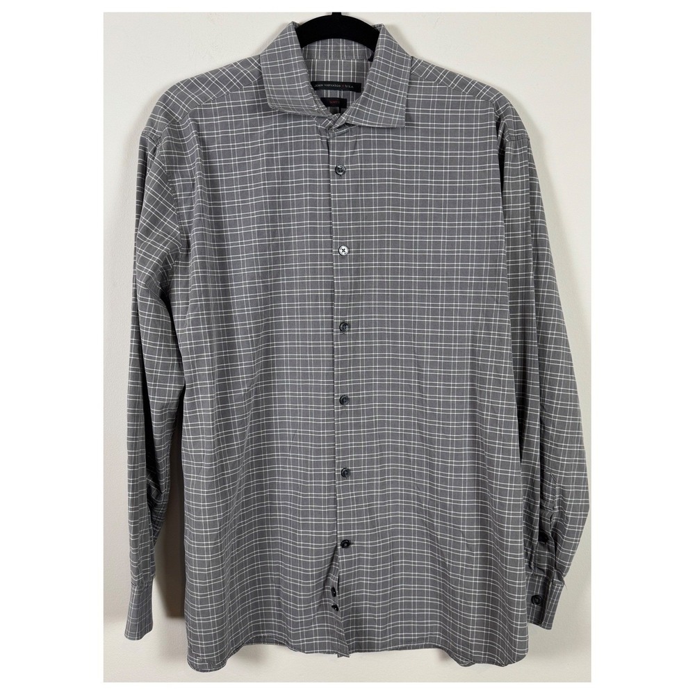 John Varvatos USA Mens Slim Fit Grey White Check Dress Shirt Size 16.5‎ 32/33
